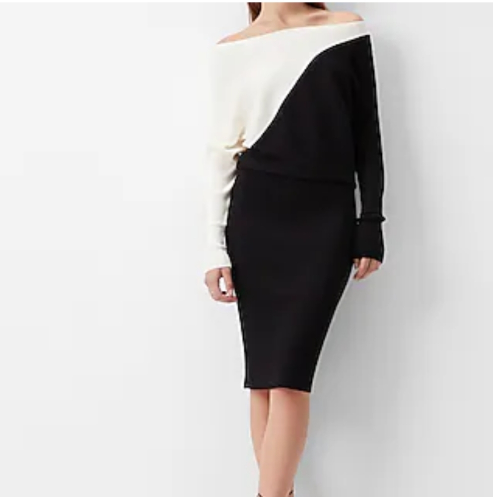 Express asymmetric block off the shoulder dress with long sleeves. Sweater dress